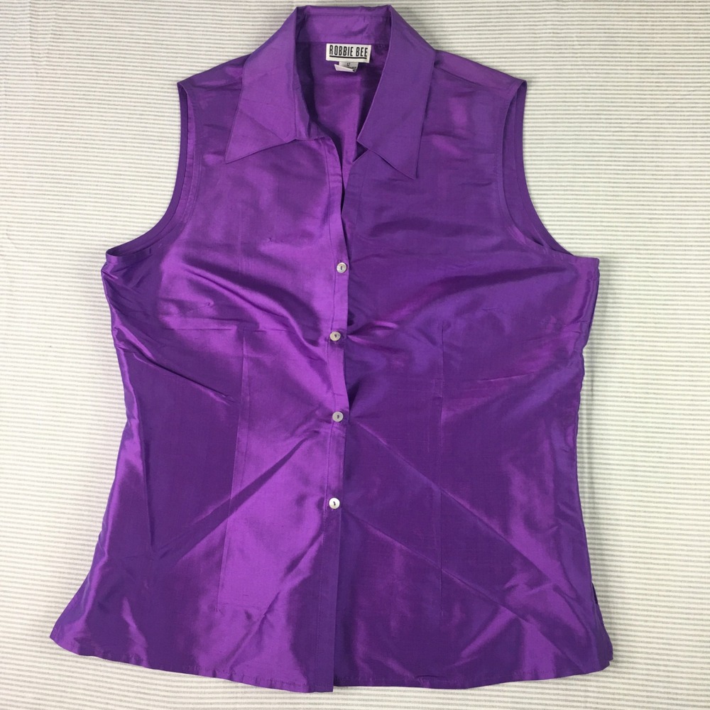 Robbie Bee Purple Silk Sleeveless Button Down Blouse Top Women Size 12 Vtg 90s
